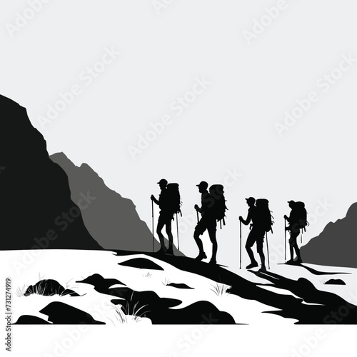 Silhouettes of hikers trekking through rugged mountain terrain, showcasing adventure and exploration in a minimalist monochromatic style.
