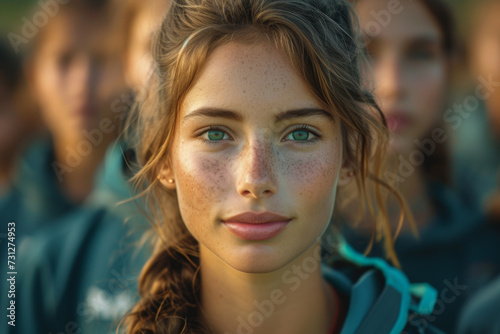 A woman confidently coaching a youth sports team, instilling values of teamwork and resilience through athletic activities. Concept of women as sports mentors. Generative Ai. © Sebastian