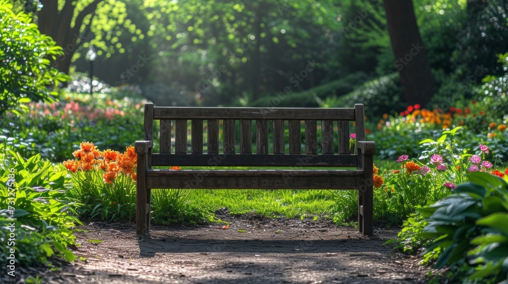 A peaceful scene of a sunlit, empty bench in a blooming garden A peaceful scene of a sunlit, empty bench in a blooming garden
