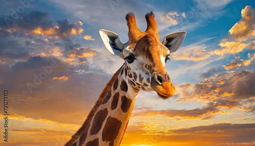 giraffe head and neck close up the giraffe is a large african mammal in the background sunset clouds photo