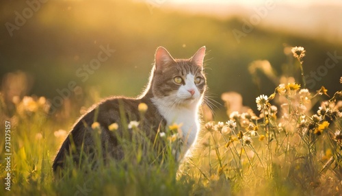 cat in meadow back lit by golden evening summer light