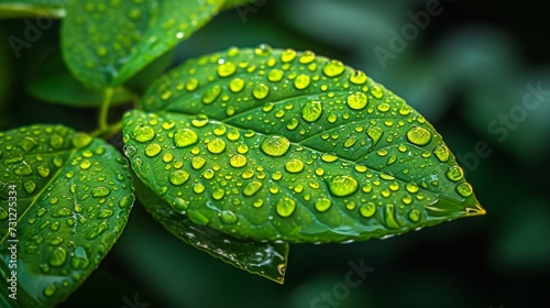A close-up of raindrops on a green leaf