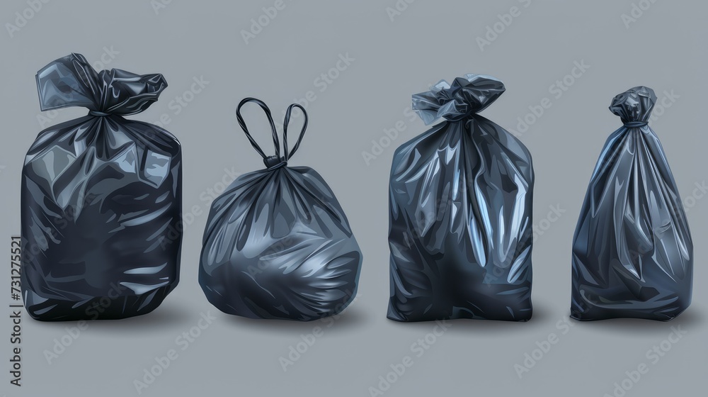 A realistic set of plastic bags for garbage. It includes packages for trash and rubbish with handles, full trash bags, and rolls of disposable packets