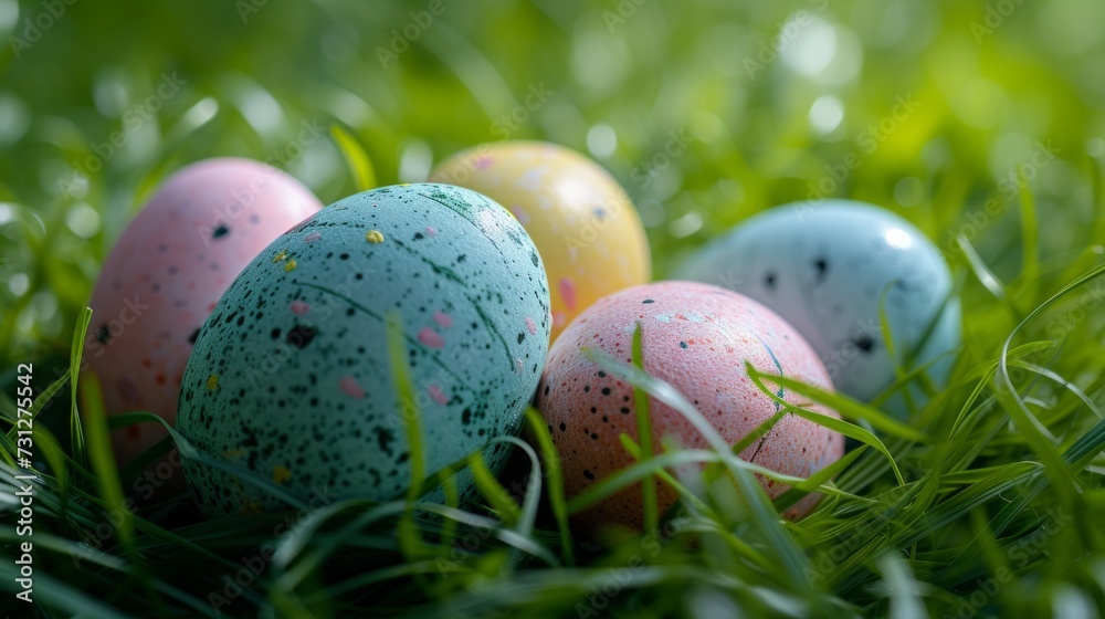 A cluster of pastel Easter eggs nestled in a bed of soft grass