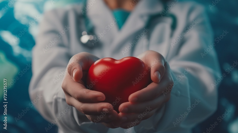 Health Worker with Stethoscope Holding a Glossy Red Heart