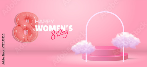 3d text Women day. Realistic 3D cylindrical podium with 8 march shaped background and cloud. Stage promotion display. Vector abstract studio room platform