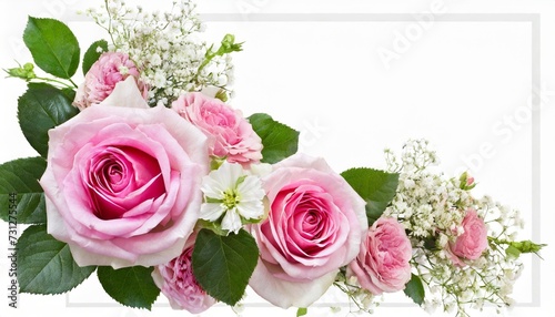 pink rose flowers and limonium in a corner floral arrangements with frame isolated on white or transparent background photo
