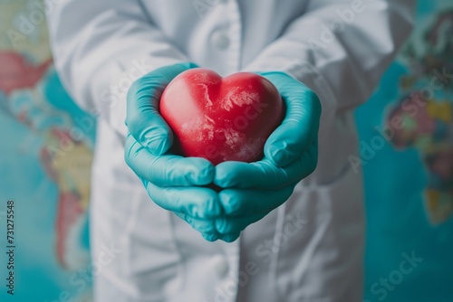 Healthcare Worker Presenting a Red Heart in Front of World Map photo