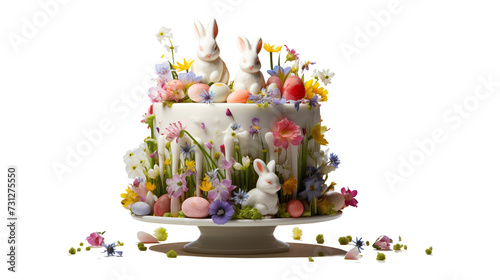 Easter cake with candles, bunny and eggs, decorative spring flowers
