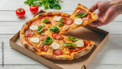 human caucasian hand takes slice of large pizza from carton box on white wooden table