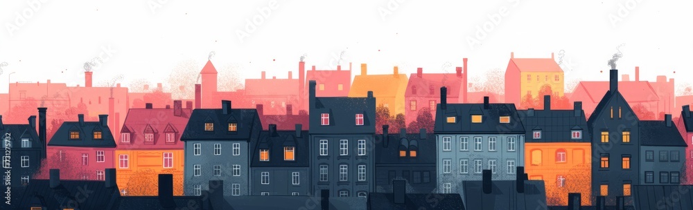 a set of buildings with some chimneys next to them