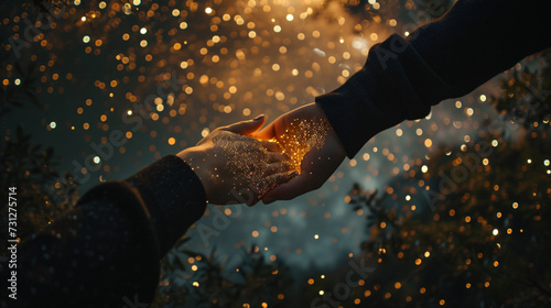 A romantic moment unfolds as two lovers connect beneath a mesmerizing night sky full of glittering stars. The gentle touch of their hands tells a story of profound connection and deep affect