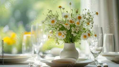 A simple white table setting with a small bouquet of wildflowers