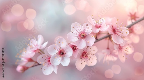 A delicate cherry blossom branch against a soft pastel sky