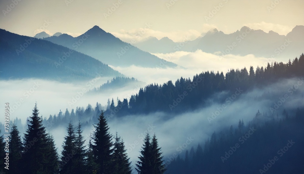 misty mountain landscape with fir forest in vintage retro style