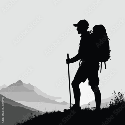 Silhouette of a male hiker with a backpack and walking stick, overlooking mountainous terrain at dusk.