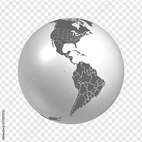 Globe of Earth with borders of all countries and Stated of Brazil and USA. 3d icon Globe in gray on transparent background. High quality world map in gray.  America. Central America. EPS10.