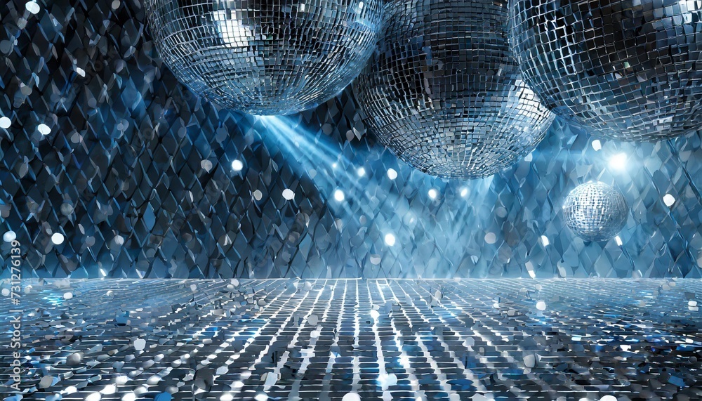 blue disco dance floor with mirror balls lattice framework and spot lights 3d render - obrazy, fototapety, plakaty 