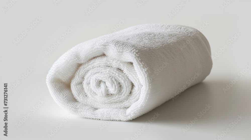A rolled-up white beach towel against a white background A rolled-up white beach towel against a white background