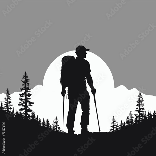 Silhouette of a male hiker with backpack and poles against a mountain sunrise background, set in a forested area.