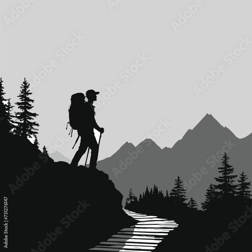 Silhouette of a lone hiker with a backpack, standing on a hilltop, overlooking a mountainous landscape with pine trees and a winding path.