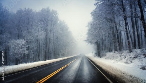 bad weather driving foggy hazy country road motorway road traffic winter time and snow © Emanuel