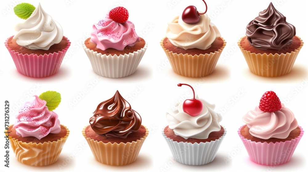 A set of cupcakes displayed on a white background, featuring various decorations such as cherries, raspberries, hearts, candies, mint, chocolate, and cowberries