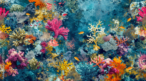 Dive into a vibrant underwater world with this seamless coral texture. Bursting with life, colorful and intricate sea creatures bring this marine scene to life. Explore the beauty of the oce © Nijat