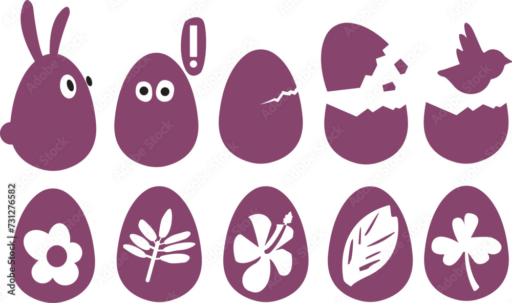 A simple, but pretty pack of nearly monochrome Easter eggs with bunny, bird and some prints of plants: hibiskus, clover, chamomile.