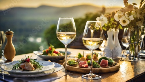 elegant and select restaurant table wine glass and appetizers on the bar table soft light and romantic atmosphere dinner wedding service menue photo