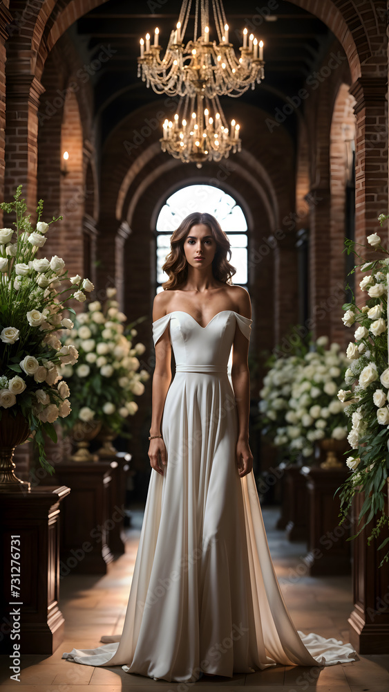 Fashion outdoor photo of beautiful sensual woman in elegant wedding dress and accessories posing in old castle