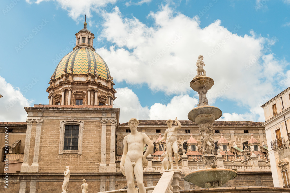 The Praetorian fountain with the dome of San Giuseppe dei Teatini church in the background, Palermo, Sicily, Italy