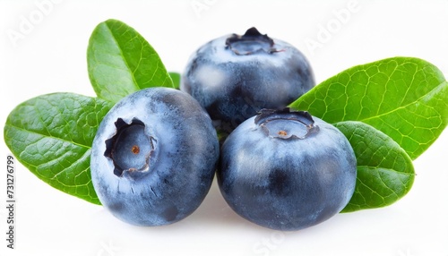juicy ripe blueberries with green leafs isolated on white background