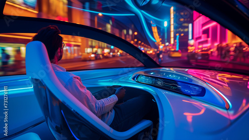 City travel made easy: Passenger in autonomous car, high-tech journey