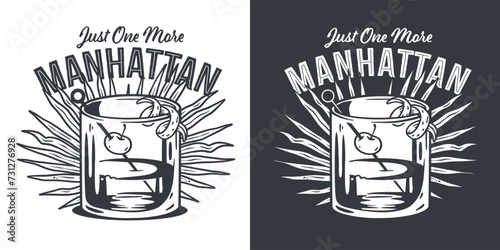 Monochrome manhattan cocktail, old fashioned with whiskey, vermouth and cherry for design of bar menu. Alcohol cocktail for drink party or tee print