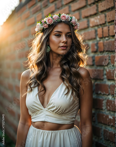 Portrait of a beautiful girl with a wreath of flowers on her head.