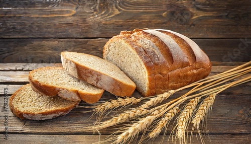 wheat bread and ears on a wooden background