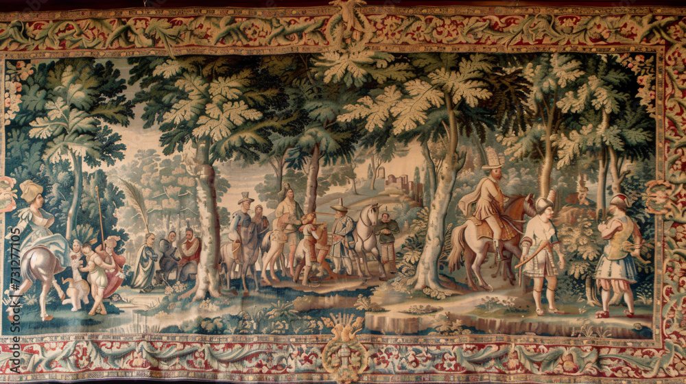 A mesmerizing vintage tapestry texture featuring intricate scenes and characters in rich detail. The elaborate motifs repeat seamlessly, adding depth and charm to any project or design.