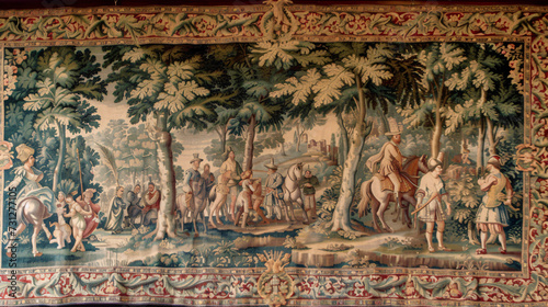 A mesmerizing vintage tapestry texture featuring intricate scenes and characters in rich detail. The elaborate motifs repeat seamlessly, adding depth and charm to any project or design.