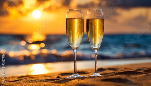 two glasses of champagne on sandy beach in beautiful sunset