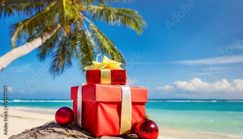 christmas gifts near palm tree on a tropical beach christmas holiday travel