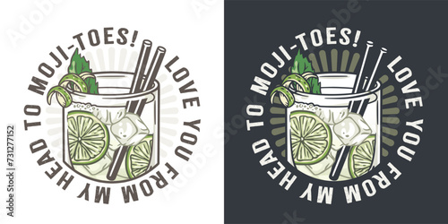 Mojito cocktail vector with mint and lime for cocktail bar or drink summer party. Gin rickey cocktail with rum, bourbon for beach bar and cafe menu