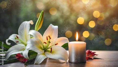 funeral beautiful lilies and burning candle on light blurred background bokeh effect