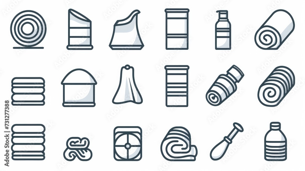 A simple set of towels and napkins related vector line icons. It includes icons such as wet towel, sanitary dispenser, toilet paper, and more. The icons feature editable strokes and are 48x48 pixels