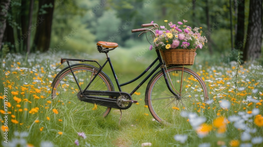 A vintage bicycle adorned with a basket of freshly picked wildflowers