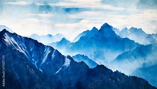 abstract mountains in blue tone digital watercolor painting
