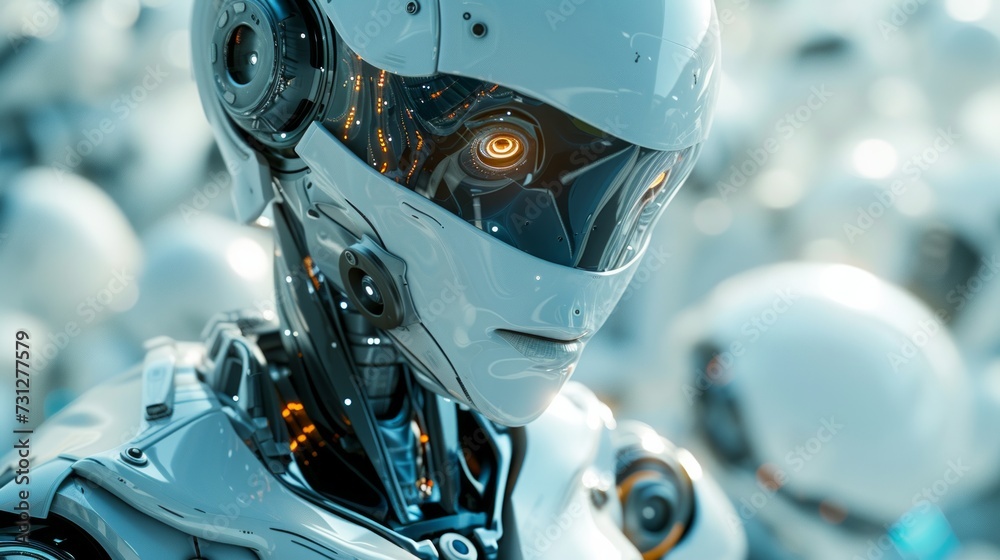 A sleek robot gazes into the camera lens, its metallic frame gleaming under soft A sleek robot gazes into the camera lens, its metallic frame gleaming under soft
