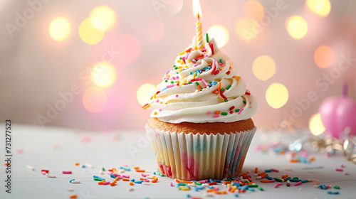 cupcake with a candle and colorful confetti on a blurred background.