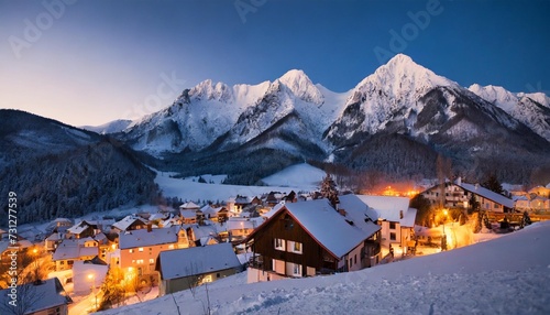 view of snowy mountain range and village with illuminated houses located at bottom of hill in slovkia at sundown