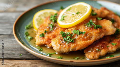 fried chicken breast fillet with lemon and garlic on a plate
